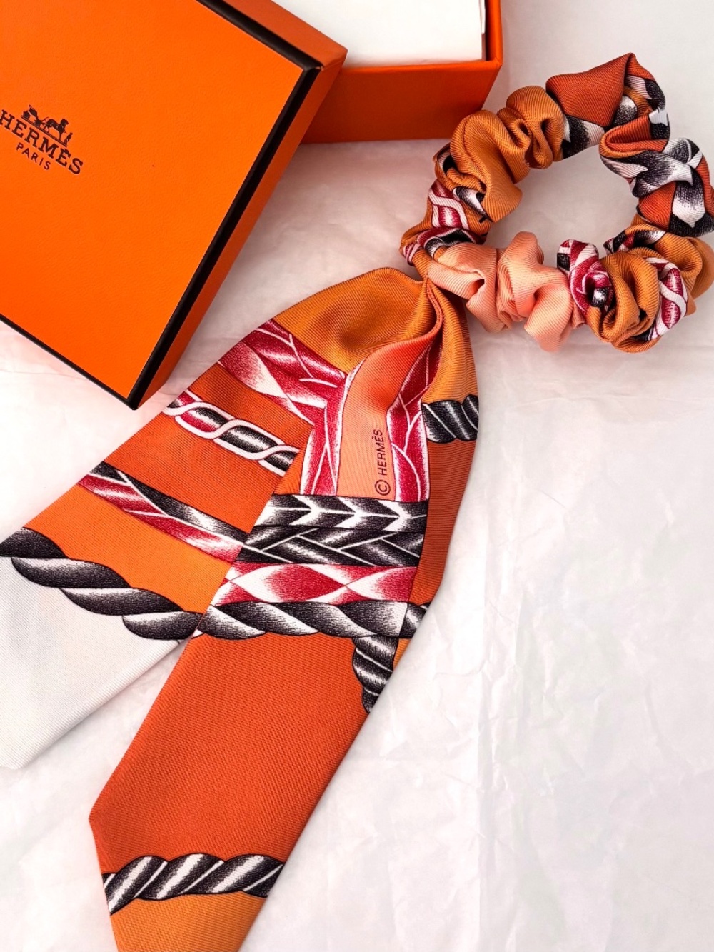 Hermès Silk Twilly Scarf Scrunchie Hair Accessory NWT